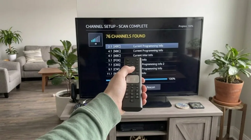 Family watching free HD channels on TV using FreeView antenna