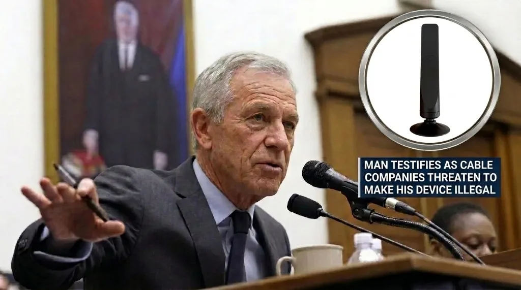 Robert Dell, retired broadcast engineer, holding the FreeView antenna device