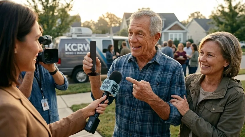 Couple being interviewed by news crew holding FreeView antenna device